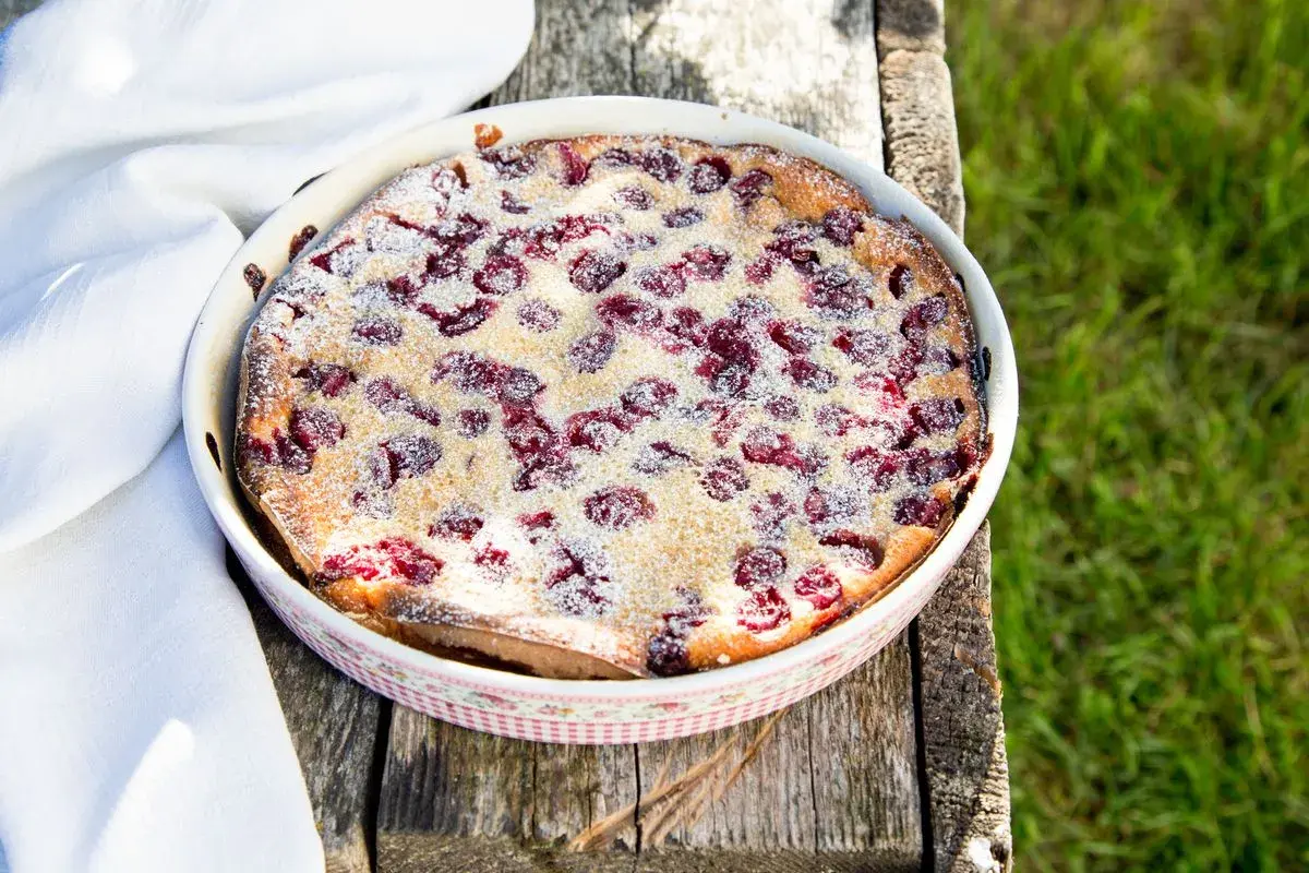 Ein frisch gebackener Clafoutis aux cerises, bestäubt mit Puderzucker, auf einem rustikalen Holztisch im Grünen.