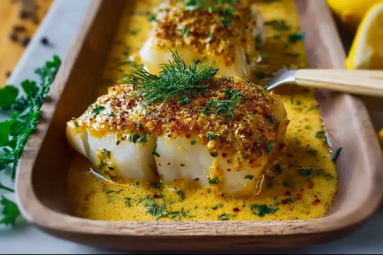 Zwei Portionen Fisch Auflauf in cremiger Sauce, garniert mit Dill und knuspriger Kruste.