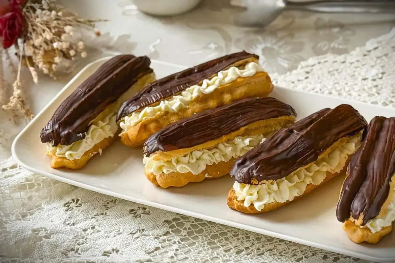 Fünf köstliche Éclairs mit Schokoladenglasur und Sahnefüllung auf einer weißen Platte, perfekt für ein Éclair-Rezept.