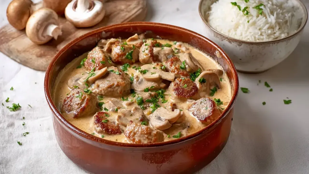 Herzhafte schweinemedaillons mit Pilzen in cremiger Sauce, garniert mit Petersilie. Daneben eine Schüssel Reis.