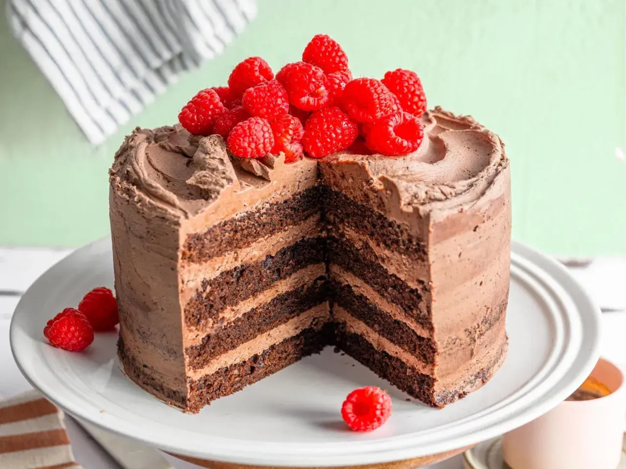 Saftige Mokkatorte mit Buttercreme, dekoriert mit frischen Himbeeren. Ein Stück ist herausgeschnitten, um die vielen Schichten zu zeigen.