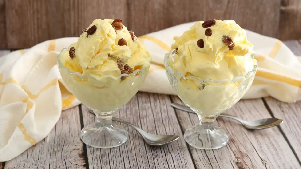 Zwei Schalen mit cremigem Malaga-Eis, garniert mit Rosinen. Ein köstliches Malaga Eis Rezept zum Nachmachen.