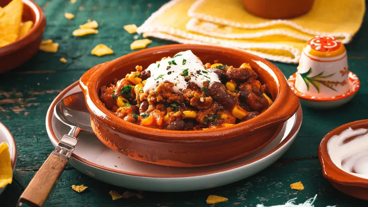 Herzhaftes Chili con Carne mit saurer Sahne und frischer Petersilie, serviert in einem Tontopf.