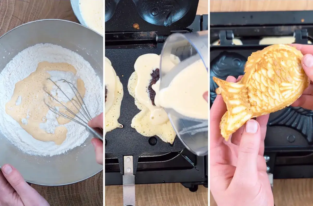 Zutaten f&uuml;r Taiyaki Rezept werden gemischt, Teig in Fischform gegossen und ein fertiger Taiyaki gehalten.
