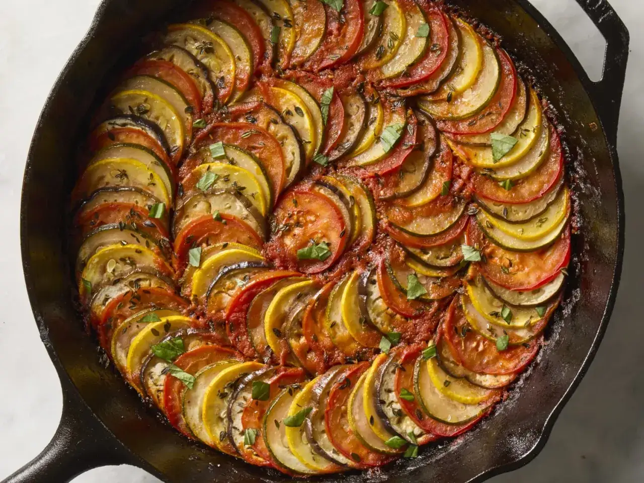 Ein wunderschönes Ratatouille-Rezept in einer Gusseisenpfanne, mit perfekt geschichteten Scheiben von Tomaten, Zucchini und Aubergine, garniert mit frischen Kräutern.