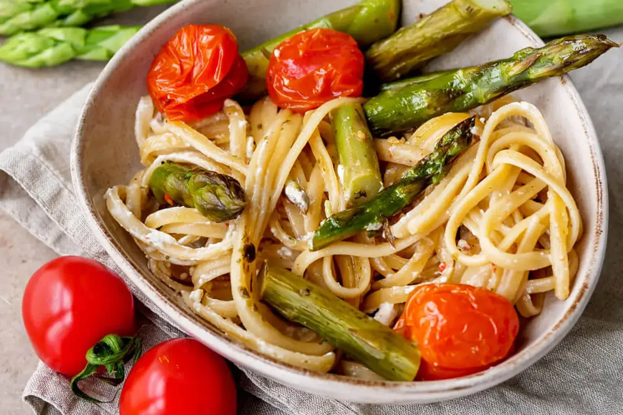 Pasta mit gr&uuml;nem Spargel und Kirschtomaten, ein Gericht, das Lust auf die besten Spargelrezepte macht.