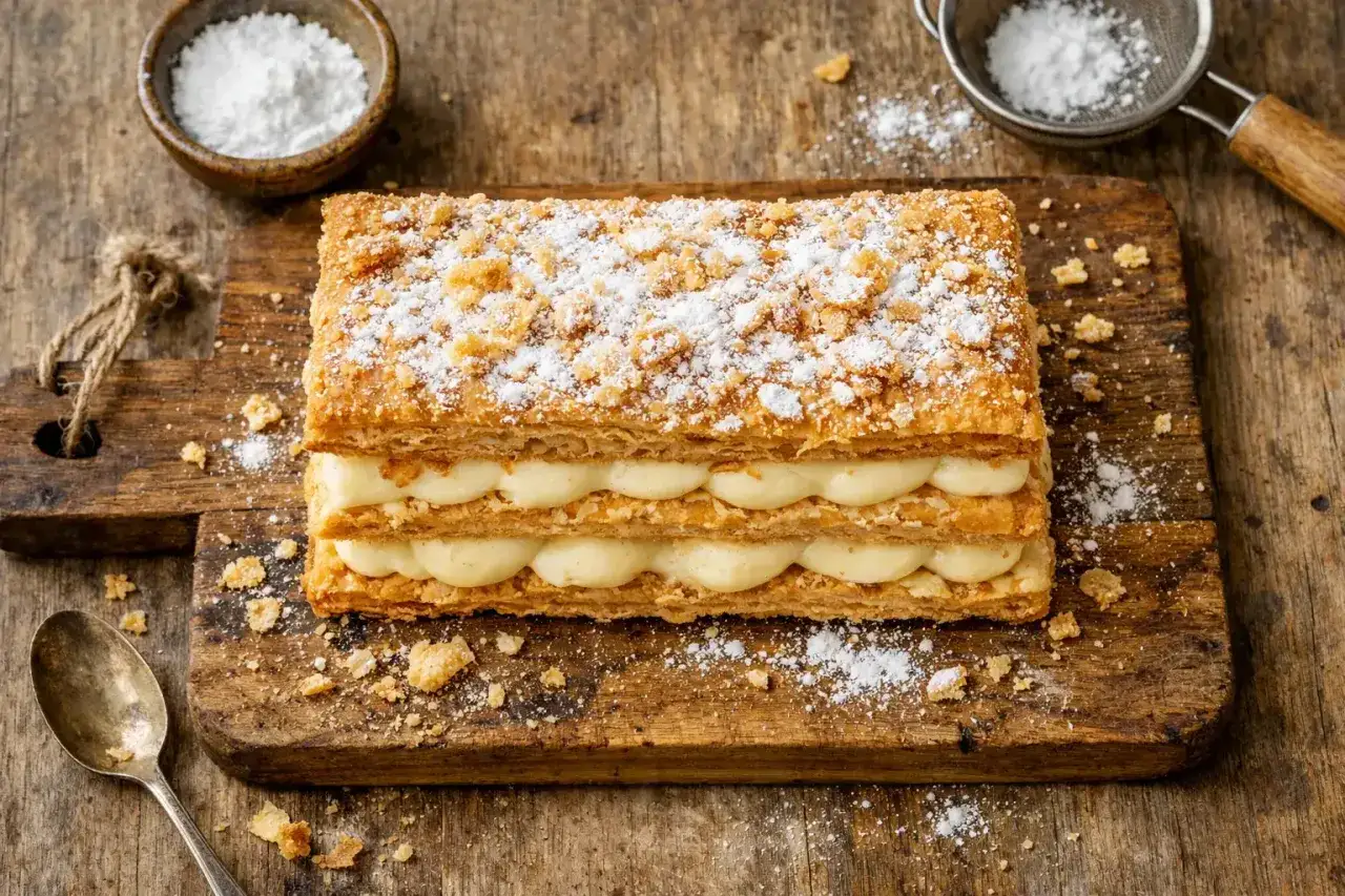 Ein köstliches Millefeuille mit cremiger Füllung und Puderzucker bestäubt, bereit zum Genießen.