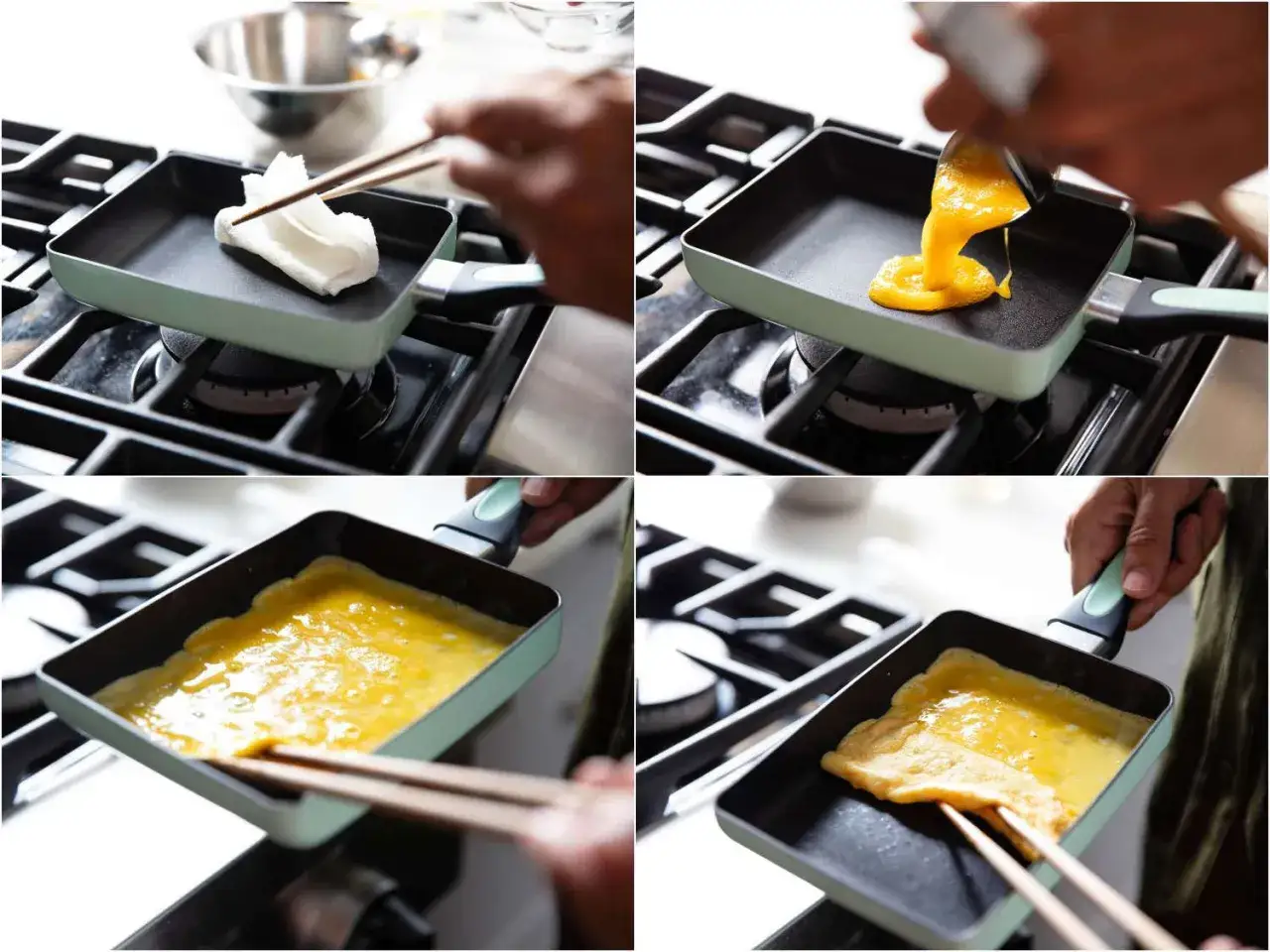 Schritt-f&uuml;r-Schritt-Anleitung f&uuml;r ein Tamagoyaki-Rezept: &Ouml;l in die Pfanne geben, Ei hineingie&szlig;en, stocken lassen und falten.