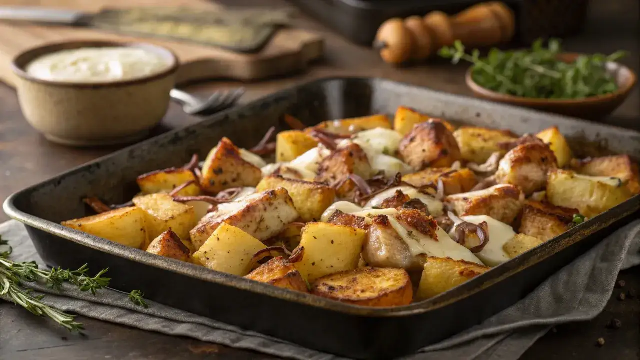 Knusprige Kartoffeln aus dem Ofen, goldbraun gebacken und mit geschmolzenem K&auml;se &uuml;berbacken, daneben eine Sch&uuml;ssel mit Dip und frischen Kr&auml;utern.