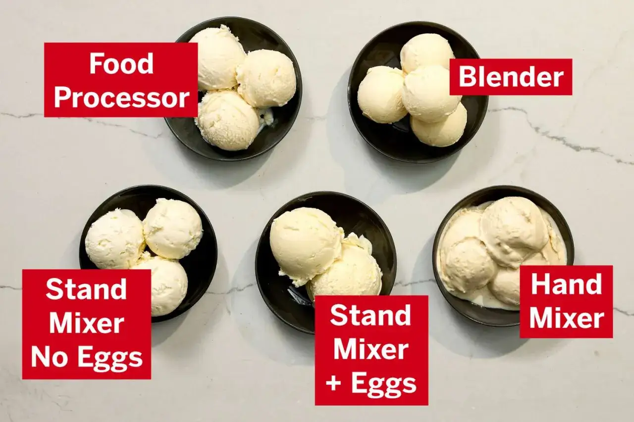 Fünf Schalen mit selbstgemachtem Eis: Food Processor, Blender, Stand Mixer (ohne/mit Eiern) und Hand Mixer.