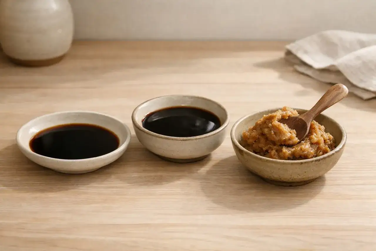 Drei Schalen mit dunkler Sojasauce und eine Schale mit brauner Miso-Paste, die erkl&auml;rt, was Tamari ist.