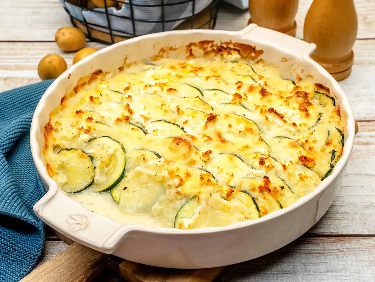 Herzhaftes Auflaufgericht mit Zucchini und Kartoffeln, &uuml;berbacken mit K&auml;se. Perfekt f&uuml;r leichte zucchini kartoffel rezepte.