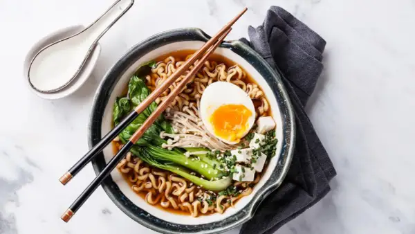 Schüssel mit japanischem Ramen, Nudeln, Ei, Gemüse und Tofuwürfeln, garniert mit Sesam und Schnittlauch.