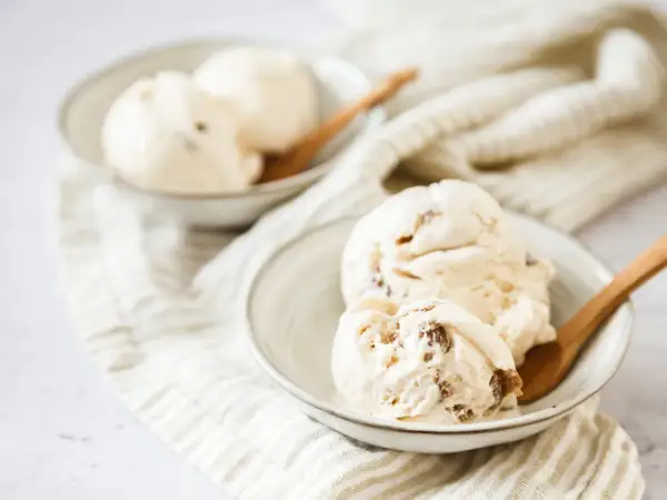 Cremiges Malaga Eis mit Rosinen, perfekt für ein selbstgemachtes Malaga Eis Rezept. Serviert in Schalen mit Holzlöffeln.