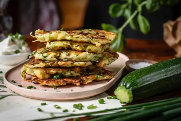 Stapel goldbrauner Zucchini-Kartoffel-Puffer, garniert mit Schnittlauch. Daneben eine Zucchini und eine Schale Salz.