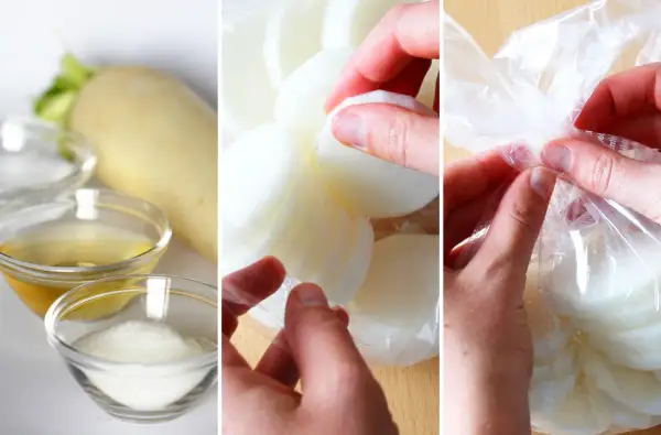 Zutaten für japanische eingelegte Radieschen: Daikon, Essig, Zucker. Scheiben werden in Beutel gegeben.