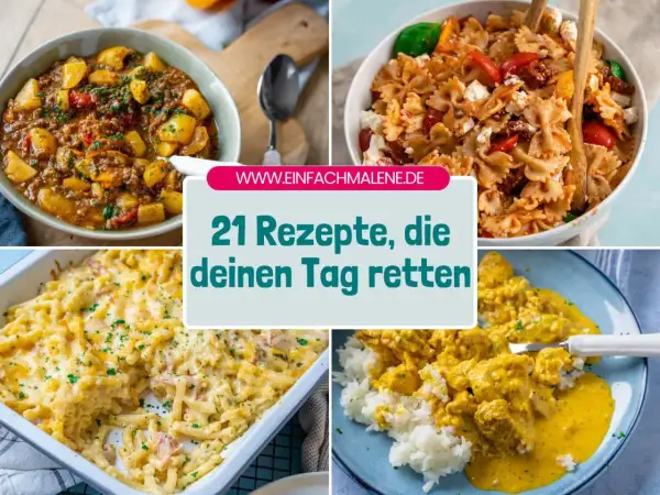 Vier appetitliche, internationale Gerichte: Gulasch mit Kartoffeln, Nudelsalat, Auflauf und Curry mit Reis. 21 Rezepte, die deinen Tag retten!