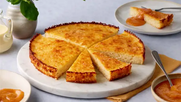 Goldbrauner Reiskuchen, aufgeschnitten und mit Apfelmus serviert. Ein köstliches Reiskuchen Rezept zum Nachbacken.