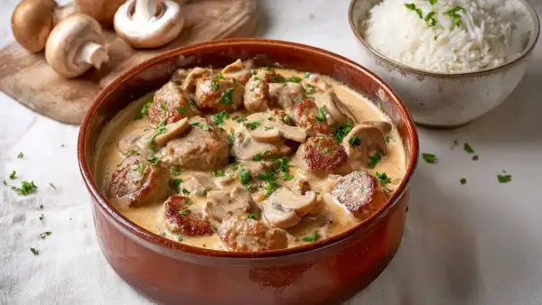Herzhafte schweinemedaillons mit Pilzen in cremiger Sauce, garniert mit Petersilie. Daneben eine Schüssel Reis.