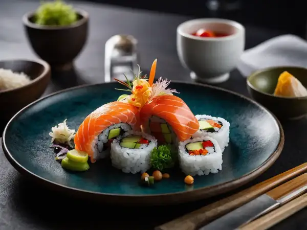 Frischer Lachs-Sushi-Roll mit Avocado und Gemüse. Was passt zu Sushi? Ingwer, Wasabi und Sojasauce.